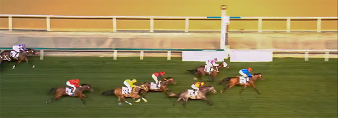 Grey Flash (USA) med jockey Carlos Lopez ses her som tredje i Meydan Trophy på Meydan Racecourse, torsdag den 13. feb., 2020. foto printscreen Grey Flash (USA) med jockey Carlos Lopez ses her som tredje i Meydan Trophy på Meydan Racecourse, torsdag den 13. feb., 2020. foto printscreen