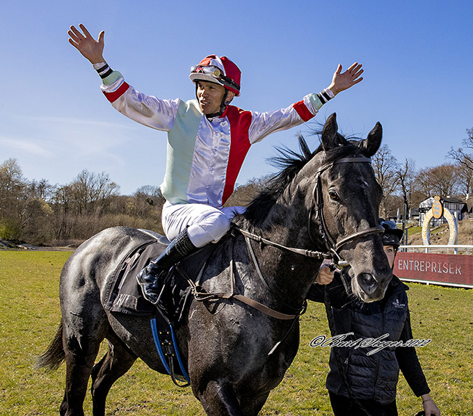 Onyx med jockey Marcos Robaldo efter hestens maidensejr 16. april. Foto Burt Seeger