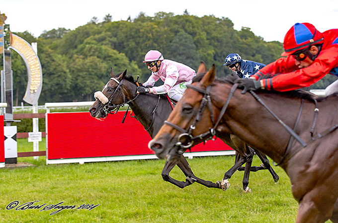 Nærbillede af King Of Ten (IRE) som den første på vej over målstregen i Hofjuveler Hertz Ærespræmie, lørdag den 24. august 2024, Klampenborg.  Foto Burt Seeger