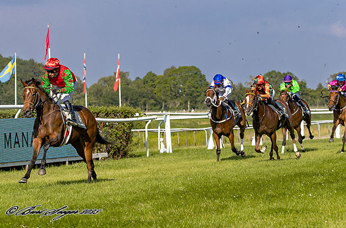 Cool Magic med jockey Carlos Lopez fanget af fotograf Burt Seegers kamera få brøkdele af sekunder før hoppen rammer målstregen som den første af otte deltagere. Foto Burt Seeger