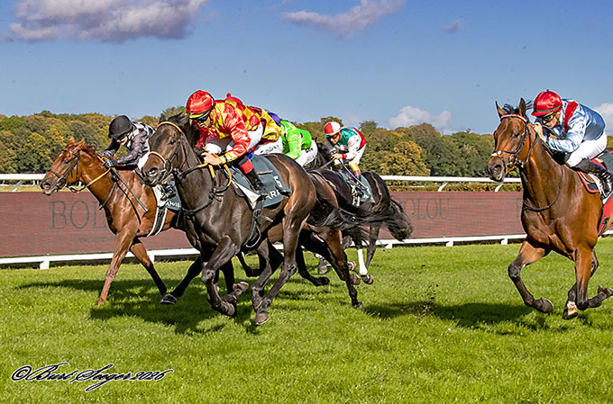 First (DEN) viser baghjul til konkurrenterne, lørdag den 26. sep. 2026, med jockey Sandro De Paiva i sadlen. Foto: Burt Seeger 