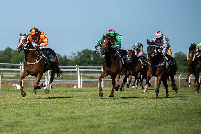 Miss Twenty (DEN) med jockey Carlos Lopez nærmer sig målstregen som den første af ni deltagere lørdag den 26. juni.   Foto Johanna Friberg 